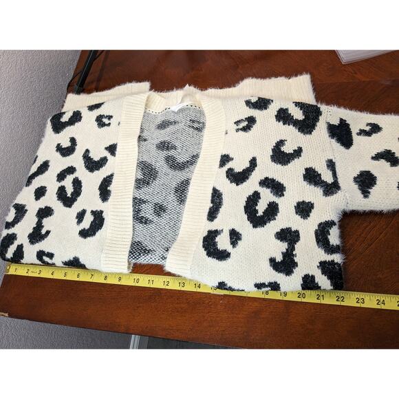Dreamers Animal Print Cardigan Small Cream Black Open Front Leopard Knit Sweater - Picture 9 of 12